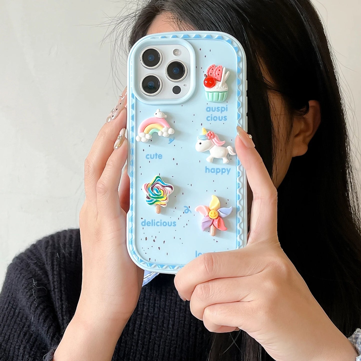 3D Rainbow Unicorn Wrist strap Phone Case For iPhone 16 Pro Max 16plus 14 15 Plus 13 12 Pro Max Girl Anti Fall Soft Cover