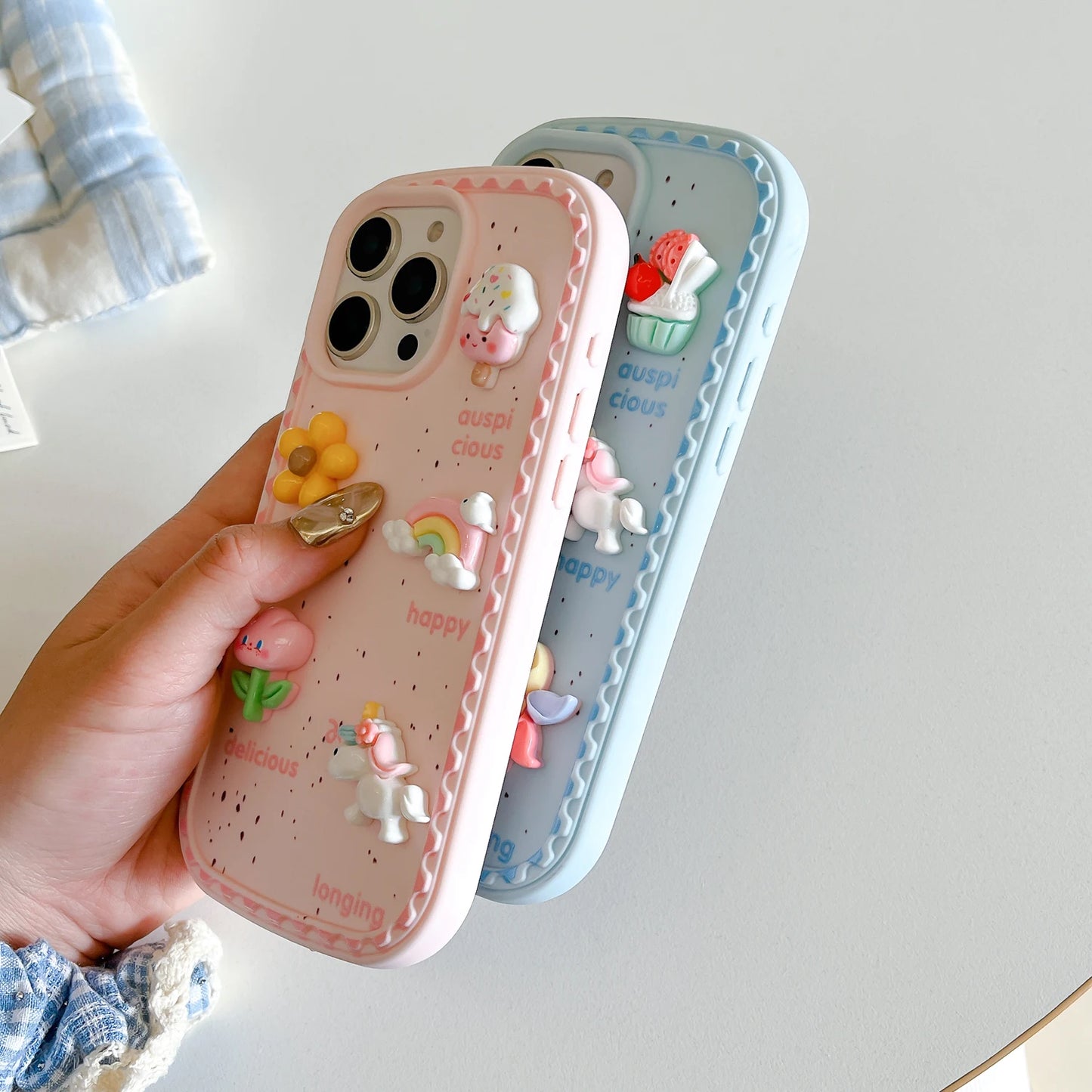 3D Rainbow Unicorn Wrist strap Phone Case For iPhone 16 Pro Max 16plus 14 15 Plus 13 12 Pro Max Girl Anti Fall Soft Cover
