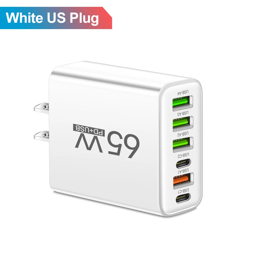 65W USB-C Fast Charger | 6-Port Wall Charging Station for iPhone 15, Samsung S23, Xiaomi 14 & More