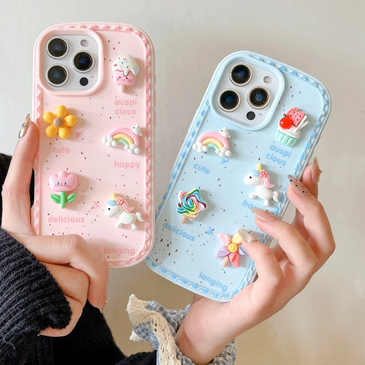 3D Rainbow Unicorn Wrist strap Phone Case For iPhone 16 Pro Max 16plus 14 15 Plus 13 12 Pro Max Girl Anti Fall Soft Cover