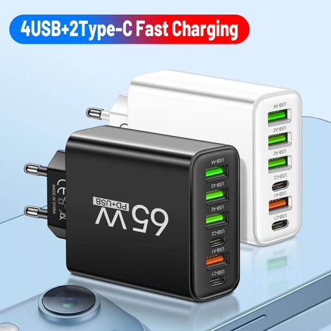65W USB-C Fast Charger | 6-Port Wall Charging Station for iPhone 15, Samsung S23, Xiaomi 14 & More