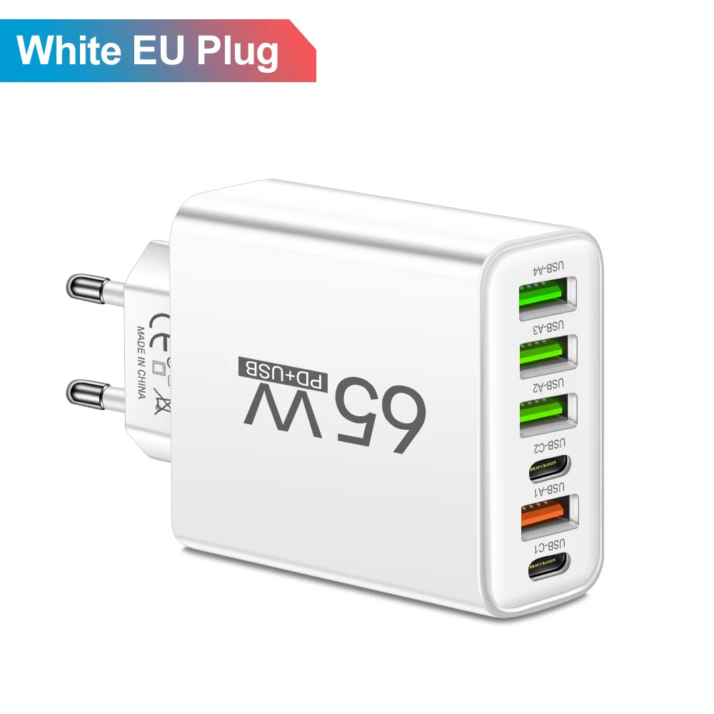 65W USB-C Fast Charger | 6-Port Wall Charging Station for iPhone 15, Samsung S23, Xiaomi 14 & More