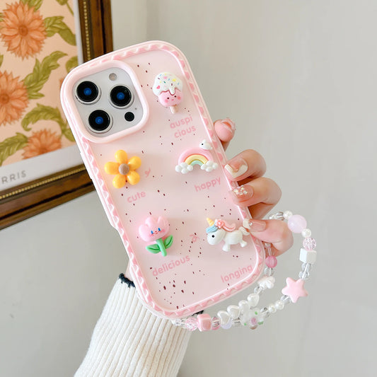 3D Rainbow Unicorn Wrist strap Phone Case For iPhone 16 Pro Max 16plus 14 15 Plus 13 12 Pro Max Girl Anti Fall Soft Cover